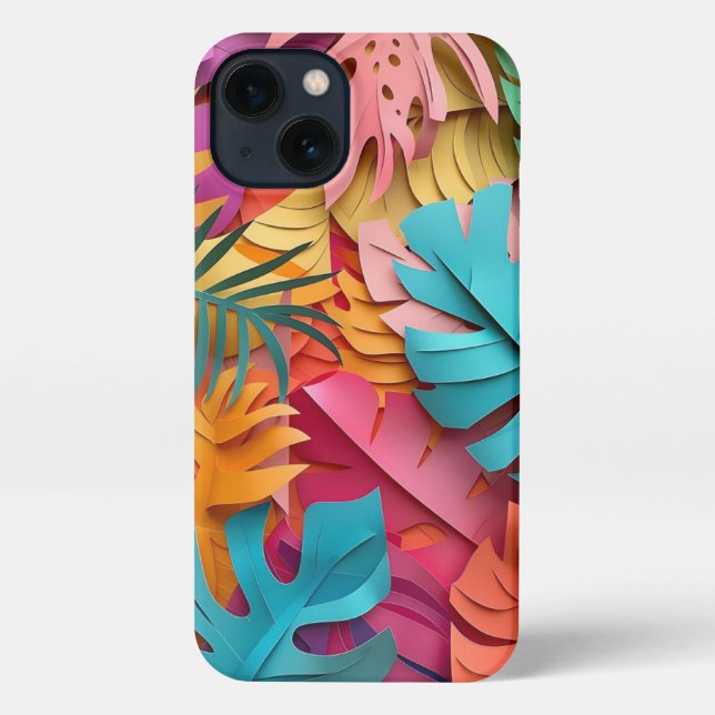 Etui iPhone 13 coque iphone _ Vibrant Feuilles tropicaux coupés e (Verso)