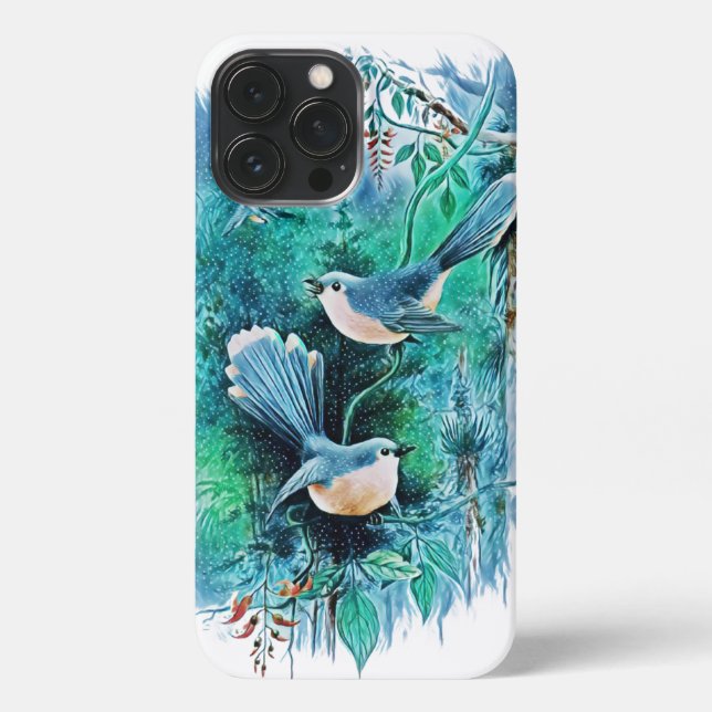 Etui iPhone 13 Pro Max Winter Blue Birds Peinture iPhone 13 Pro Max Coque (Verso)