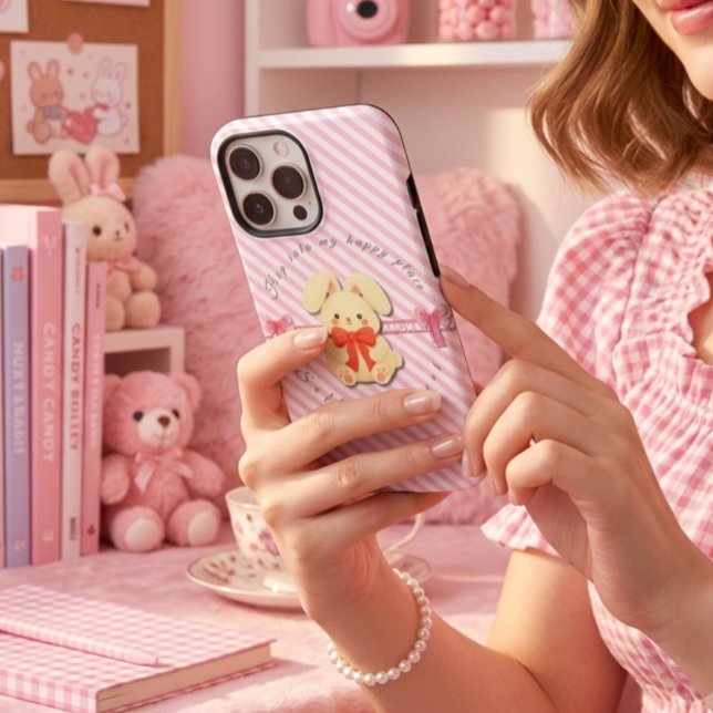 Étui iPhone 14 en peluche lapin rayé rose doux (Créateur téléchargé)