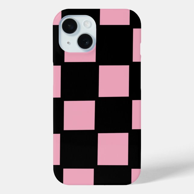 Étui iPhone 15 à carreaux rose et noir (Verso)