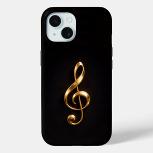 Étui iPhone 15 Black 4 Luxe, Clé de Sol Dorée