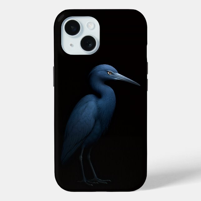 Étui iPhone 15 Black 4 Luxe, Petit Héron Bleu (Verso)