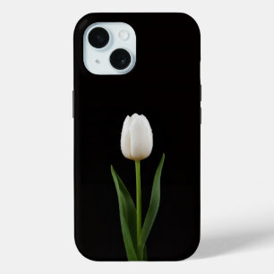 Étui iPhone 15 Black 4 Luxe, Tulipe blanche perle