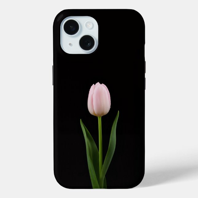 Étui iPhone 15 Luxe Noir 4, Tulipe Rose Tendue (Verso)