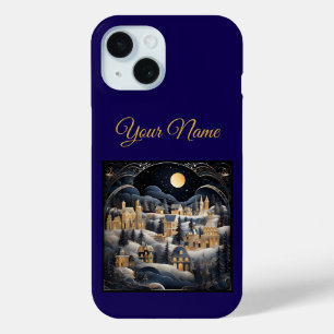 Étui iPhone 15 Noël vintage bleu marine et or