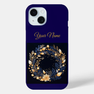 Étui iPhone 15 Noël vintage bleu marine et or