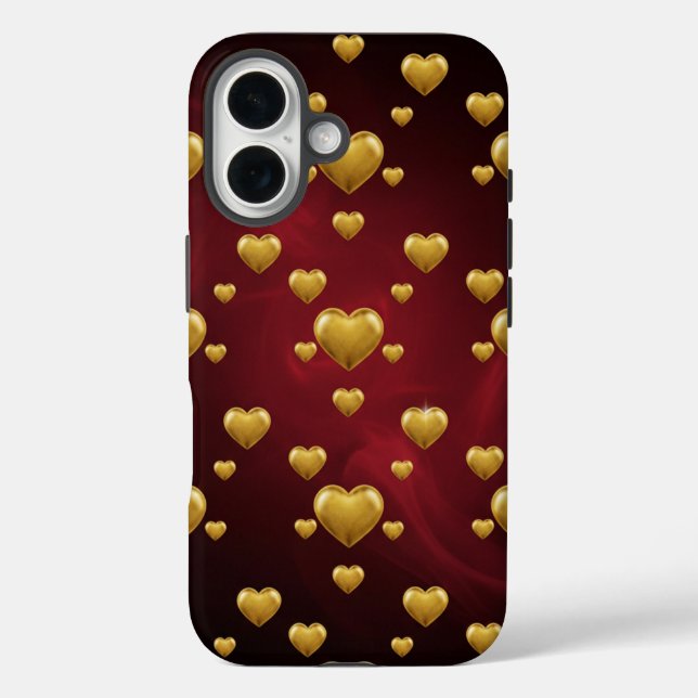Étui iPhone 16 Luxe Cœurs Or 3D Rouge Cramoisi (Verso)