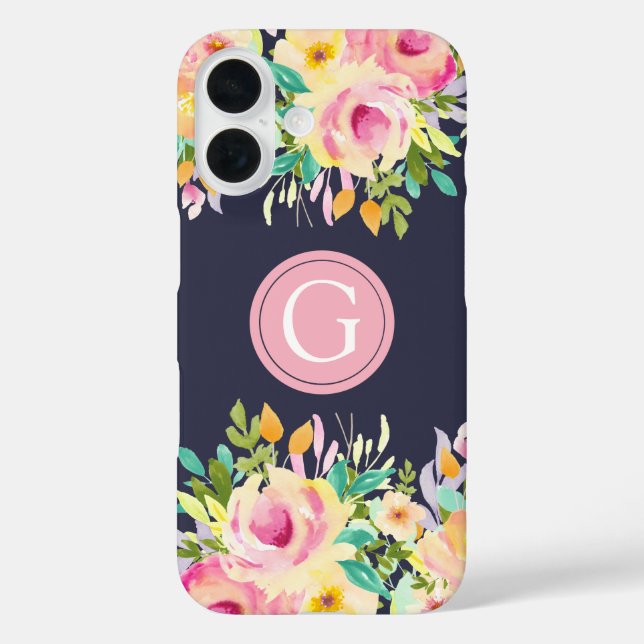 Étui Iphone 16 Monogramme Floral Aquarelle Peint (Verso)