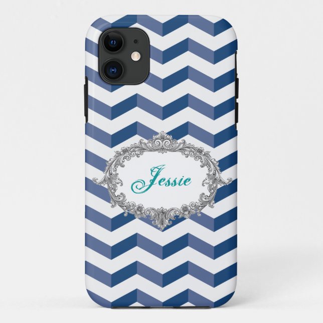 Étui iPhone 5/5S Chevrons 3D Bleu/Blc Personnalise (Dos)
