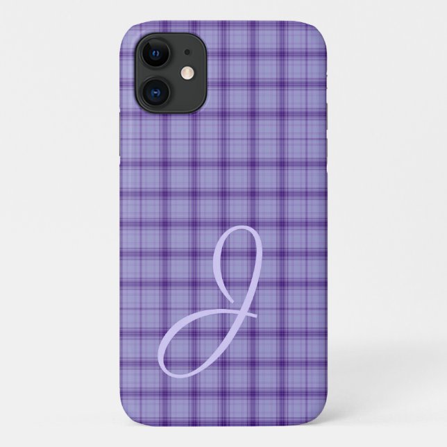 Étui iPhone à carreaux violet avec monogramme (Dos)
