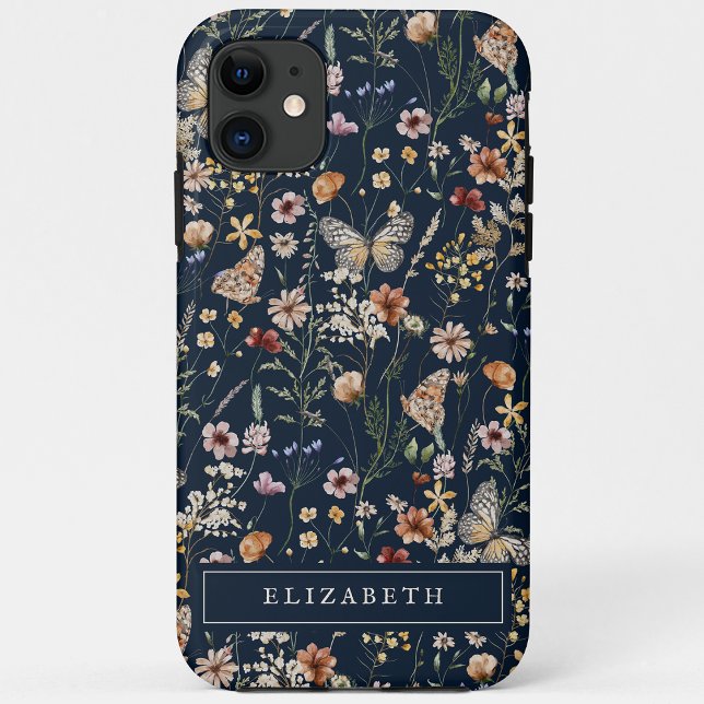 Étui iPhone à fleurs bleu marine Monogram (Boho Monogram Navy Blue Floral iPhone Case by Painted Paperie
)