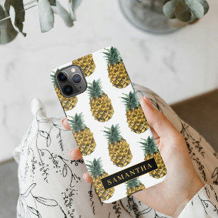 Coque iPhone Aquarelle tropicale Motif ananas avec nom