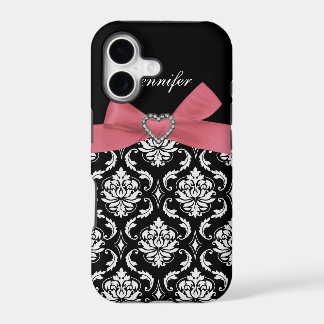 Étui iPhone avec nœud rose et damas