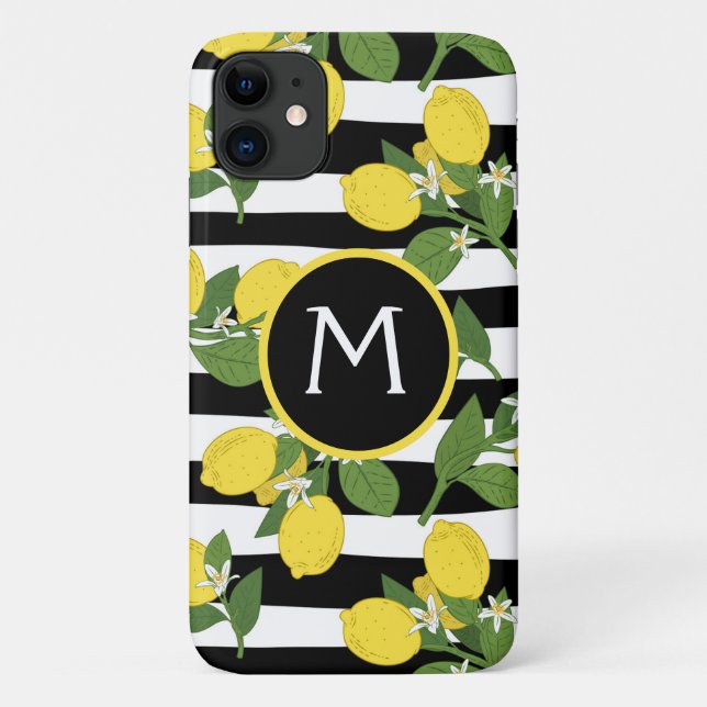 Étui iPhone Citron Citrus Rayures Noires Jaune (Dos)