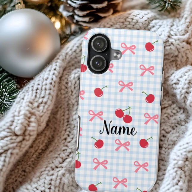 Étui iPhone Gingham Coquette Bow Cherry  (Créateur téléchargé)