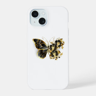 Coque iPhone 15 Gold flower Butterfly with Black Orchid