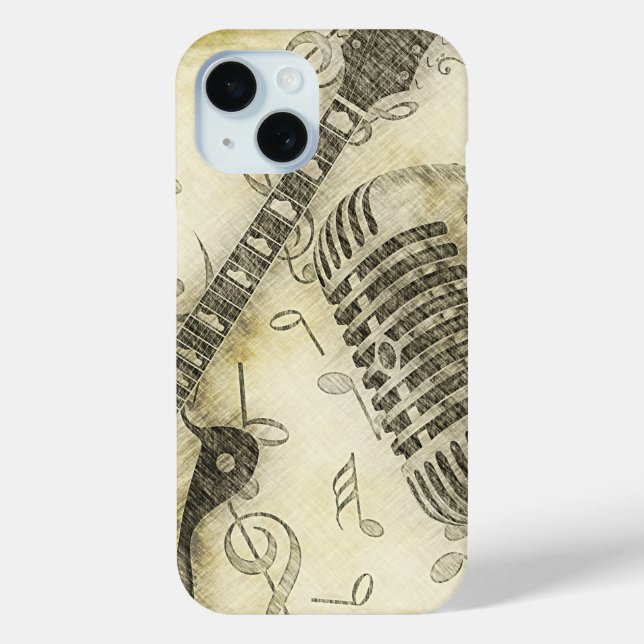 Étui iPhone Guitare et Microphone Grunge Vintage (Verso)