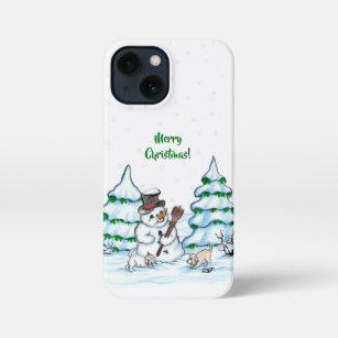Coque iPhone Joyeux Noël ! Snowman avec chat et chiot