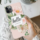 Coque iPhone Modern Watercolor Pink Flowers & Hello & Nom<br><div class="desc">Modern Watercolor Pink Flowers & Hello & Nom</div>