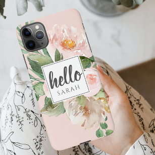 Coque iPhone Modern Watercolor Pink Flowers & Hello & Nom