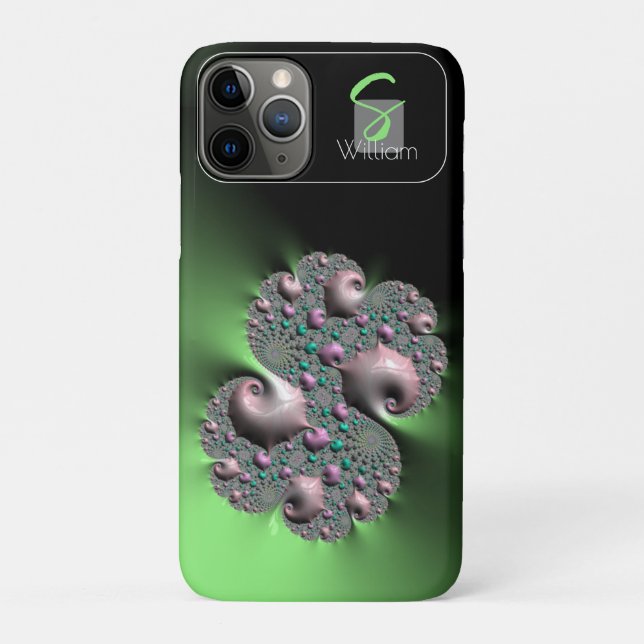 Étui iPhone monogramme fractal liquide vert (Dos)