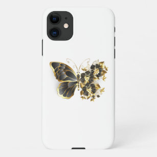 Coque iPhone Papillon à fleurs d'or avec orchidée noire