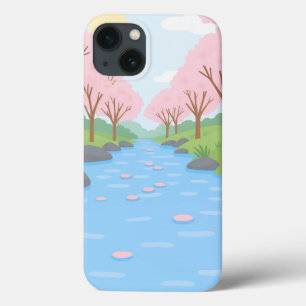 Étui iPhone Paysage de Rivière aux Cerisiers Roses