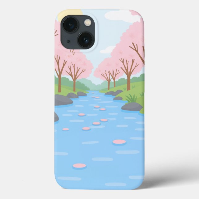 Étui iPhone Paysage de Rivière aux Cerisiers Roses (Verso)