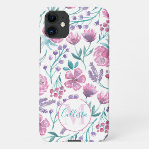 Coque iPhone Pink Purple Turquoise Aquarelle Flowers Monogramme