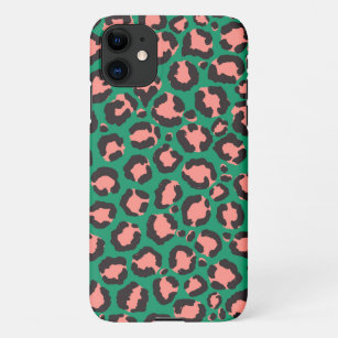 Coque iPhone Poster de animal de léopard vert noir rose corail 
