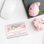 Étui Pour Cartes De Visite Antique Bleu Peony & Rose Stripe<br><div class="desc">Élégante et féminine,  coque de carte de visite aux rayures rose pastel chic,  présente un auvent de fleurs de pivoine d'aquarelle rousse et sauge qui fleurissent du haut. Personnalisez avec votre nom,  monogramme ou nom d'entreprise en lettres modernes non noires.</div>