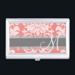Étui Pour Cartes De Visite Modèle moderne dentelle Damas - Corail et gris<br><div class="desc">Damas florales tendance et féminine aux couleurs populaires. Le damas a un aspect de tableau noir fantaisiste.</div>