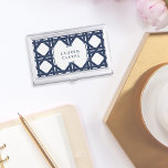 Étui Pour Cartes De Visite Motif en rotin d'été blanc et marine<br><div class="desc">Le porte-carte de visite chic et classique de style preppy dispose d'un motif en treillis en rotin en bleu marine classique sur blanc. Ajoutez un nom, un monogramme ou un nom d'entreprise en lettres bleu marine assorties pour un look poli et professionnel. Conseil du concepteur : pour conserver l'effet unique...</div>