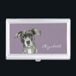 Étui Pour Cartes De Visite Portrait noir d'aquarelle de chien de pitbull<br><div class="desc">C'est une peinture du headshot d'un chien noir de pitbull. Elle fait incliner sa tête légèrement et regardant vers le haut. Elle a les yeux bruns. Ceci a été peint dans l'aquarelle.</div>