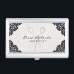Étui Pour Cartes De Visite Salon de coiffure lacé par noir vintage de<br><div class="desc">Porte-cartes de carte de visite lacé par noir vintage de salon de coiffure de coiffeur.</div>