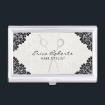 Étui Pour Cartes De Visite Salon de coiffure lacé par noir vintage de<br><div class="desc">Porte-cartes de carte de visite lacé par noir vintage de salon de coiffure de coiffeur.</div>