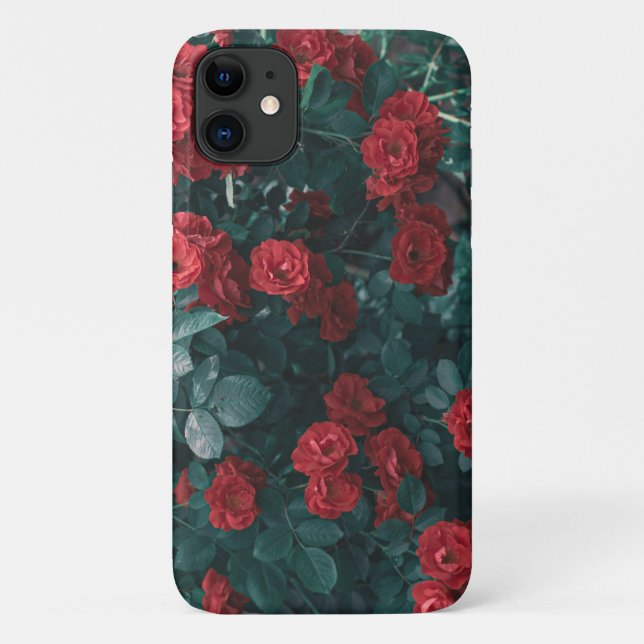 Étui pour iPhone 11 Fleurs de Roses Rouges Vertes  (Dos)
