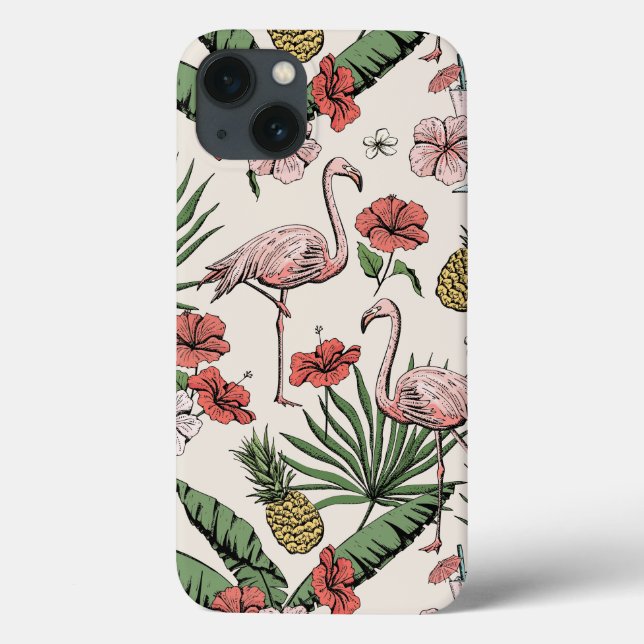 Étui pour iPhone 13 Flamant Rose Floral Tropical (Verso)