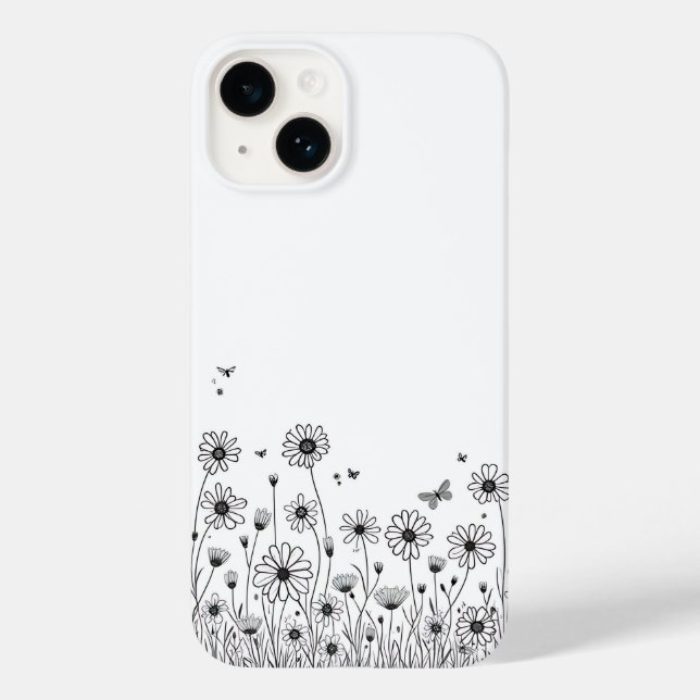 Étui pour iPhone 14 Fleur sauvage noir et blanc (Verso)