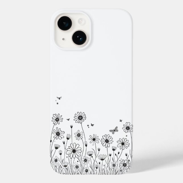 Étui pour iPhone 14 Fleur Sauvage Noir et Blanc (Verso)