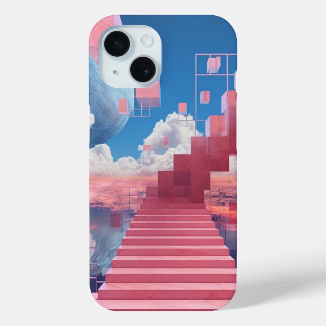 Étui pour iPhone 15 à motif d'escalier Vaporwave O (Verso)