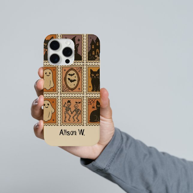 Étui pour iPhone avec timbre personnalisé vintage  (Custom Vintage Halloween Stamp iPhone Case, Personalized Spooky Cute Halloween Phone Case,)
