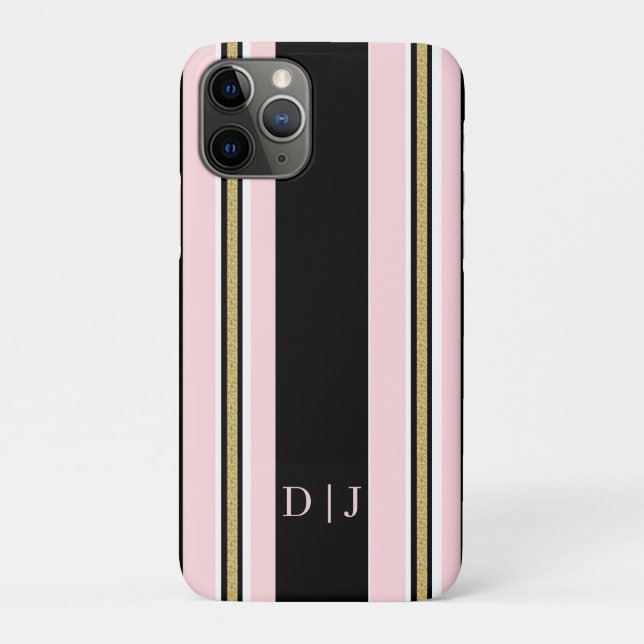 Étui pour iPhone Rose & Or Blanc Rayure Noire (Dos)