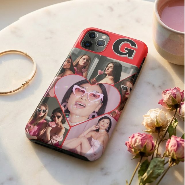 Étui pour iPhone sarcelle à collage de 6 photos Mo (Monogram 6-Photo Collage Teal Red iPhone Case
)