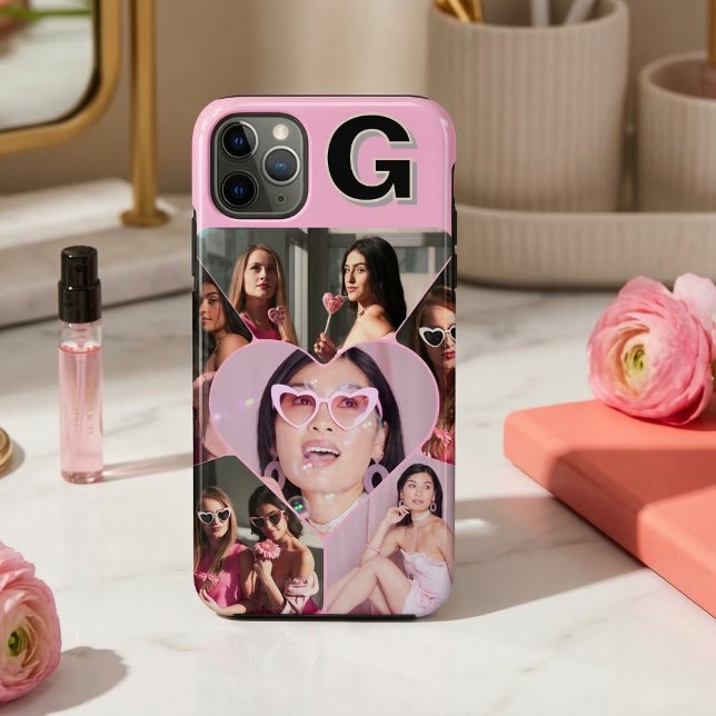 Étui pour iPhone sarcelle à collage de 6 photos Mo (Monogram 6-Photo Collage Teal iPhone Case
)