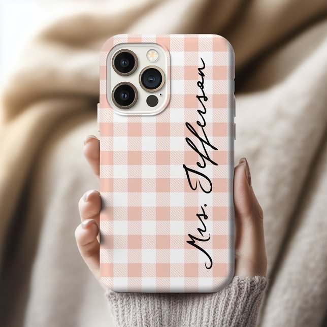 Étui pour téléphone à carreaux pêche pour la marié (Personalized Peach Gingham iPhone Case Wedding Gift for Bride and Groom or Husband and Wife)