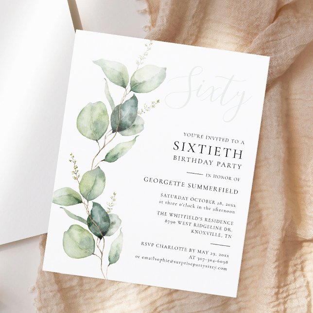 Eucalyptus 60e anniversaire de fête Invitation (Eucalyptus Budget 60th Birthday Party Invitation)