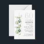 Eucalyptus 60e anniversaire Invitation<br><div class="desc">Il pourrait s'agir d'une fête surprise ou d'une autre décennie spéciale. Cette invitation à la fête de 60e anniversaire avec un design vert d'eucalyptus avec une typographie populaire moderne peut être facilement édité pour convenir à toute fête d'anniversaire ou d'anniversaire. Vous pouvez modifier le libellé, les détails de l'anniversaire et...</div>