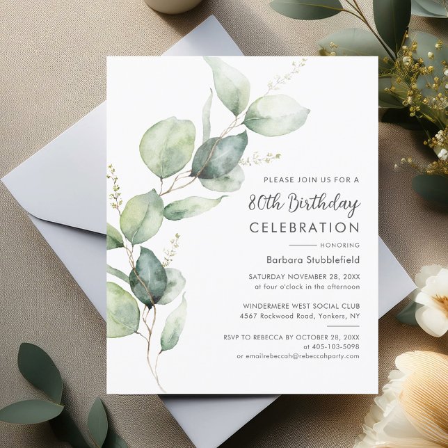 Eucalyptus 80e anniversaire de fête Invitation (80th Birthday Party Sage Green Eucalyptus Block Stem Budget Invitation)