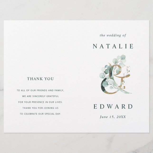 Eucalyptus Ampersand Gold Green Wedding Programme (Devant)